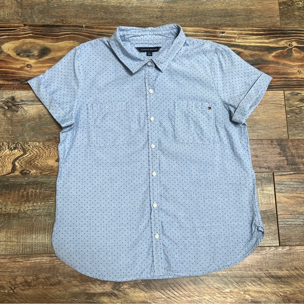 Man's Tommy Hilfiger Blue with Black Dots Button down Size L